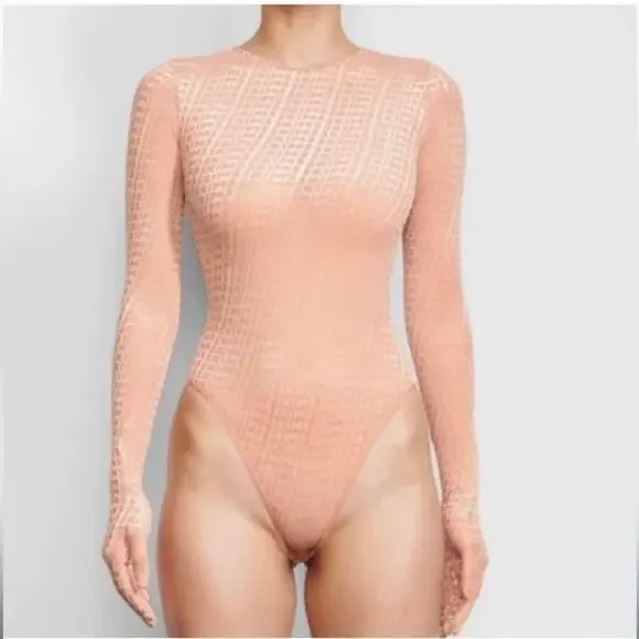 Skims Velvet Glove Bodysuit in Peach Orange Pink Open Back Gloved Cheeky Catsuit - Picture 7 of 8